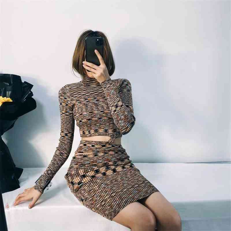 Vintage Hollow Out Hole Waist Bodycon Mid-calf Sexy Dress Retro Women Turtleneck Stretch Split Knitting Long Sleeve Dresses 210429