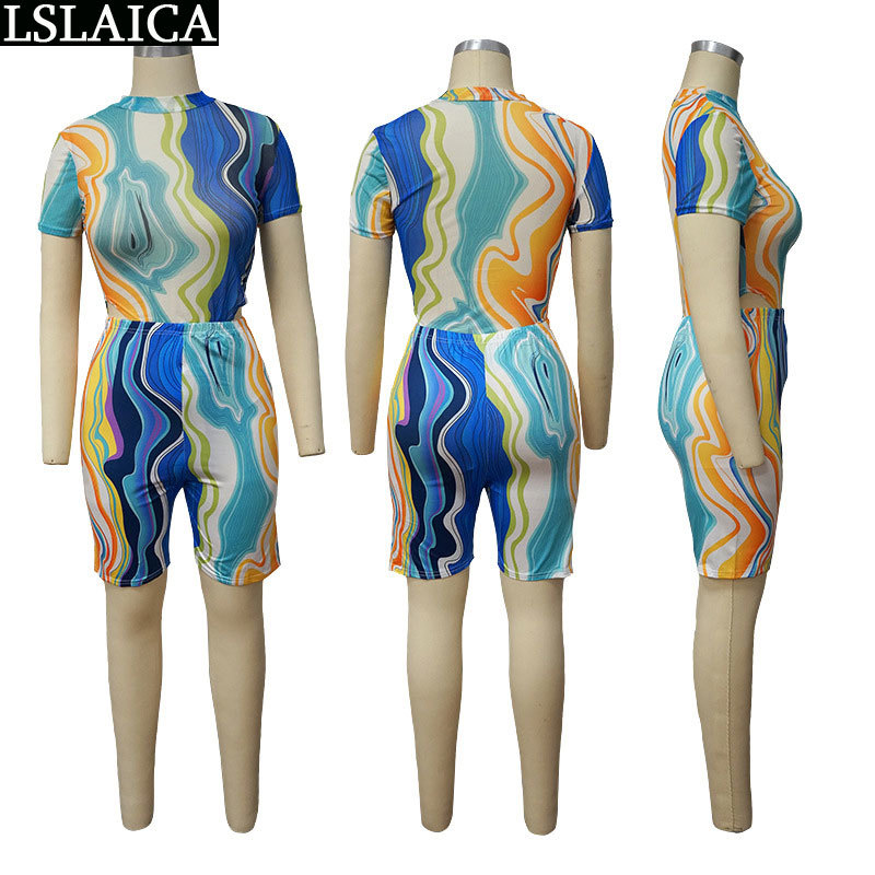 Two Piece Set Women O-Neck Top&Knee Length Pant Print Casual Tracksuit Wild Plus Size 2XL Ropa De Mujer 210515