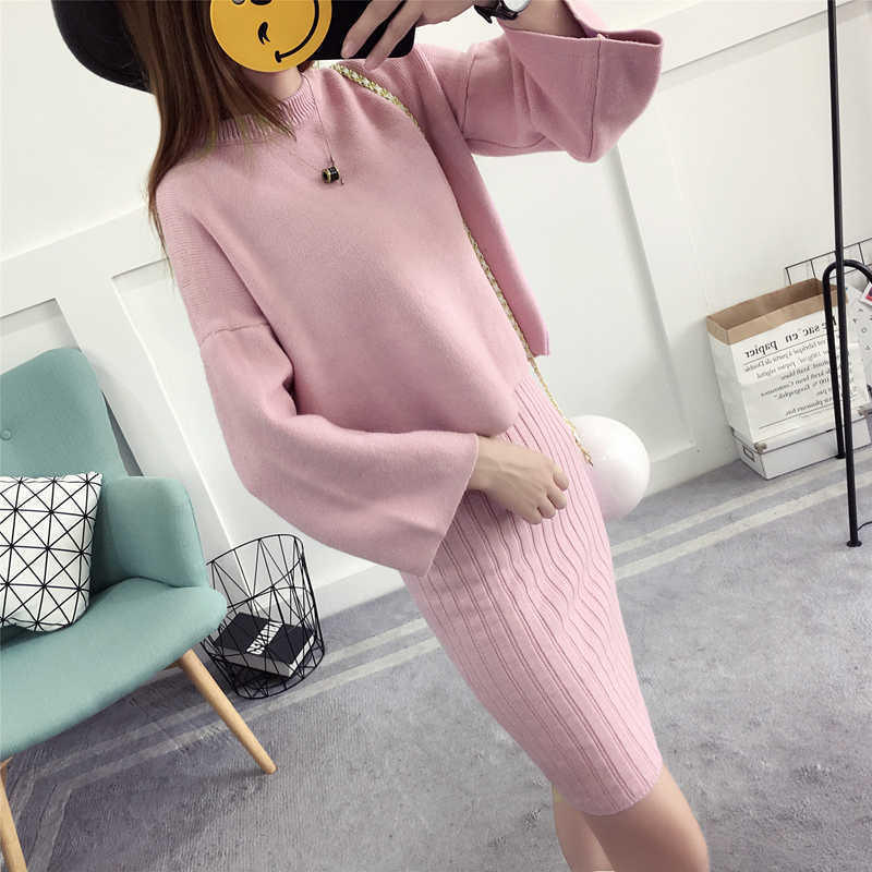 Ly Varey Lin Autumn Winter Womans Sweater + Straped Mini Dress Sets Solid Color Casual Loose Knitted Two-pieces Suits 210526