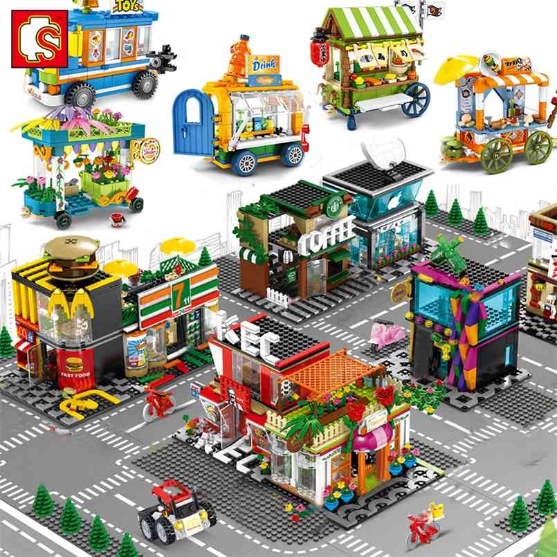 

Sembo City Street View Mininature Food Shop Retail Store Cafe Restaurant Architecture House Building Blocks Construction Toys 210830