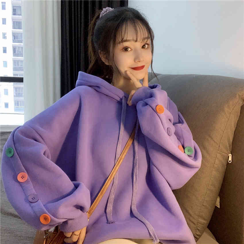 Nomikuma Autumn Winter Plus Velet Pullover Hooded Sweatshirt Causal Colourful Buttons Long Sleeve Hoodies Korean Jumper 6C639 210427