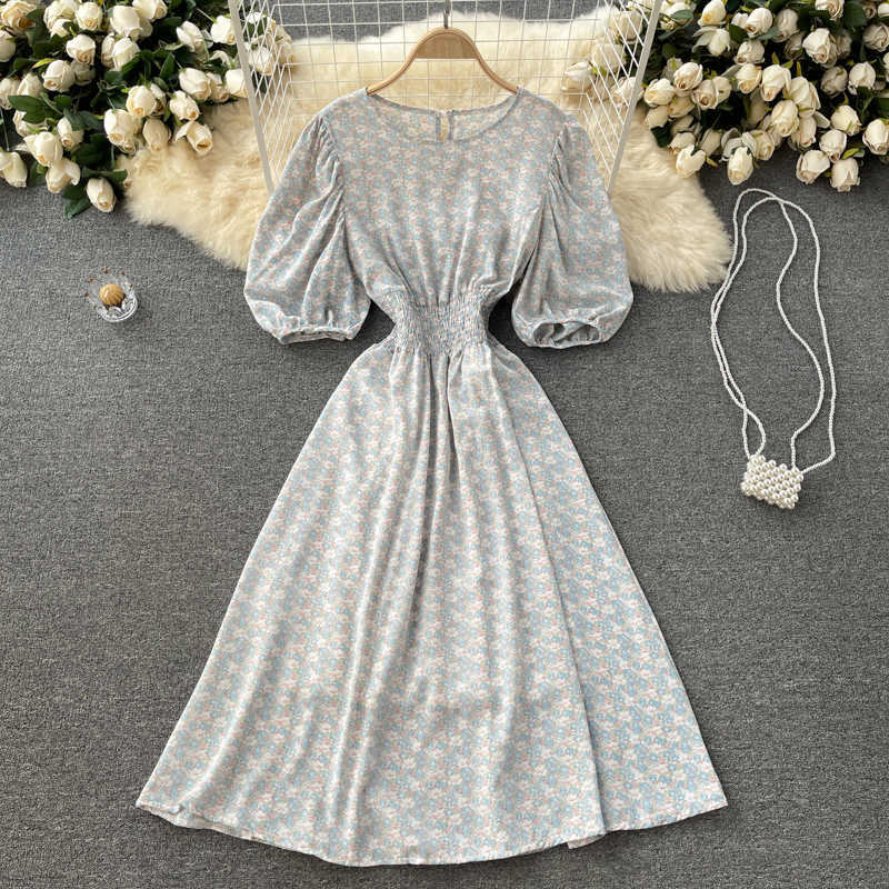 DEAT Women Printing Midi-long Dress Round Neck Three Quarter Sleeve Arrivals Temperament Fashion Spring Summer 11D573 210709