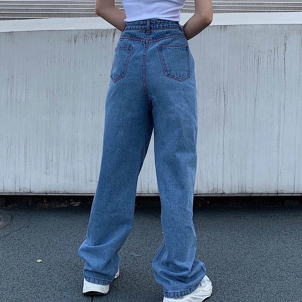 Casual High Waist Butterfly print Jeans Long Trousers Vintage Wide Leg Pants Streetwear Loose Blue 210428