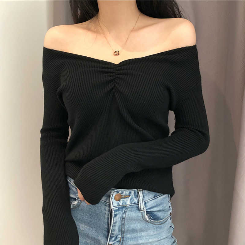 JMPRS Sexy V Neck Women Sweater Autumn Knitted Pullover Jumper Chic Soft Korean Slim Long Sleeve Female Basic Top 211011Z