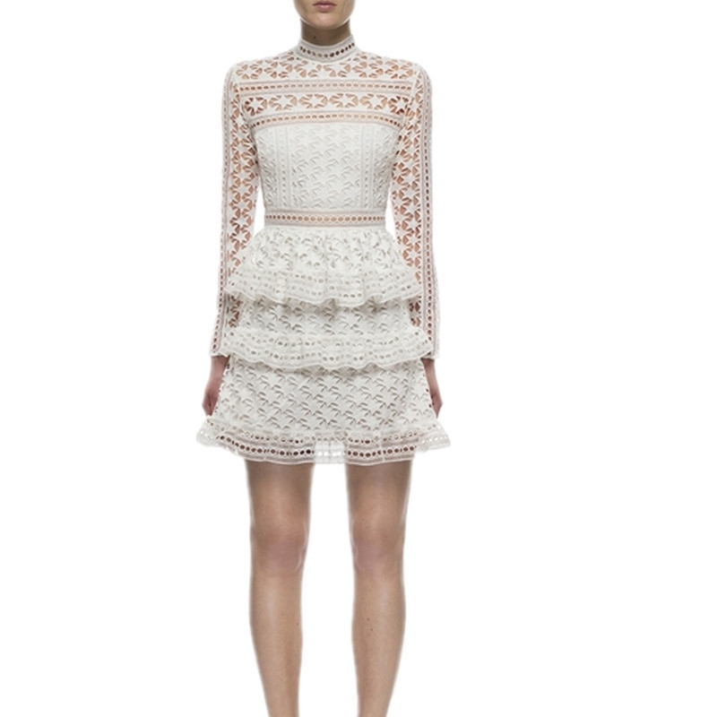 Arrival Spring Red/Blue/Party Lace Hollow Out Dress Women Long Sleeve Vestidos 210520