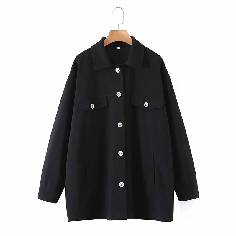 Women Fashion Simplicity Black Chest Pocket Decoration Jacket Female Single-Breasted Lapel Long Sleeve Coat Chic Top 210520