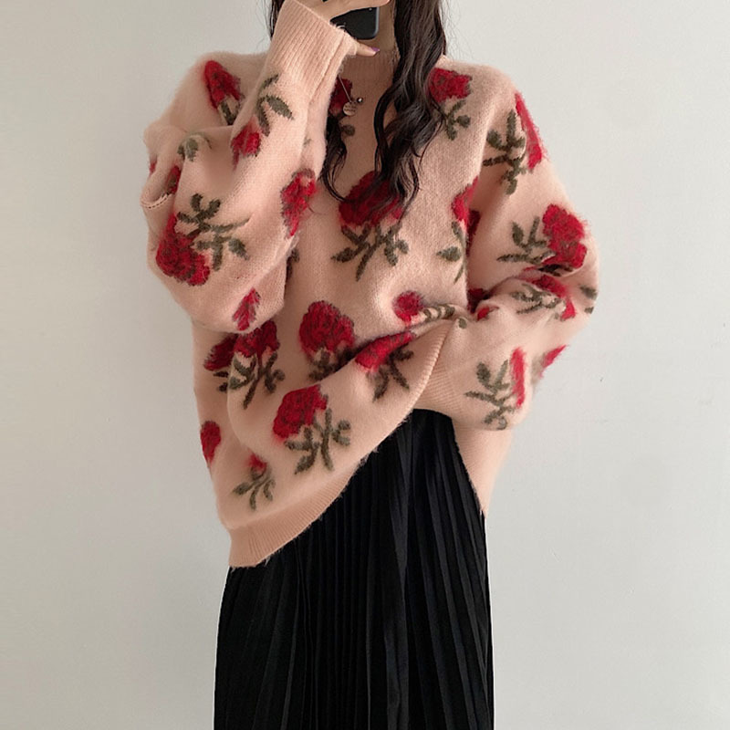 Nomikuma Korean Chic Vintage Floral Pullover Sweater Causal Long Sleeve O-neck Pull Femme New Women Knitted Jumper 6E220 210427