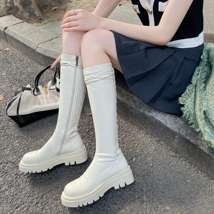 Boots Ochanmeb Chic Back Lace-up Cross-tied Kneehighs Goth Motorcycle Women Beige Burgundy Black Platform Chunky Long Shoe