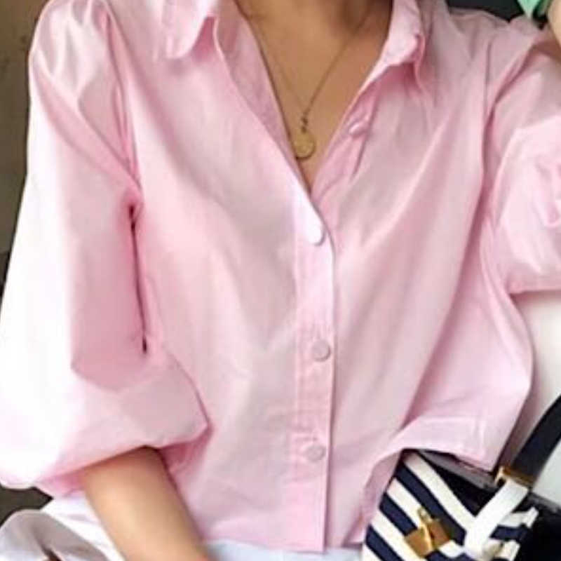 Chic Puff Sleeve Korean Women Blouses Causal Turn-down Collar Shirt Summer Sweet Pink Blusas De Mujer 6G905 210603