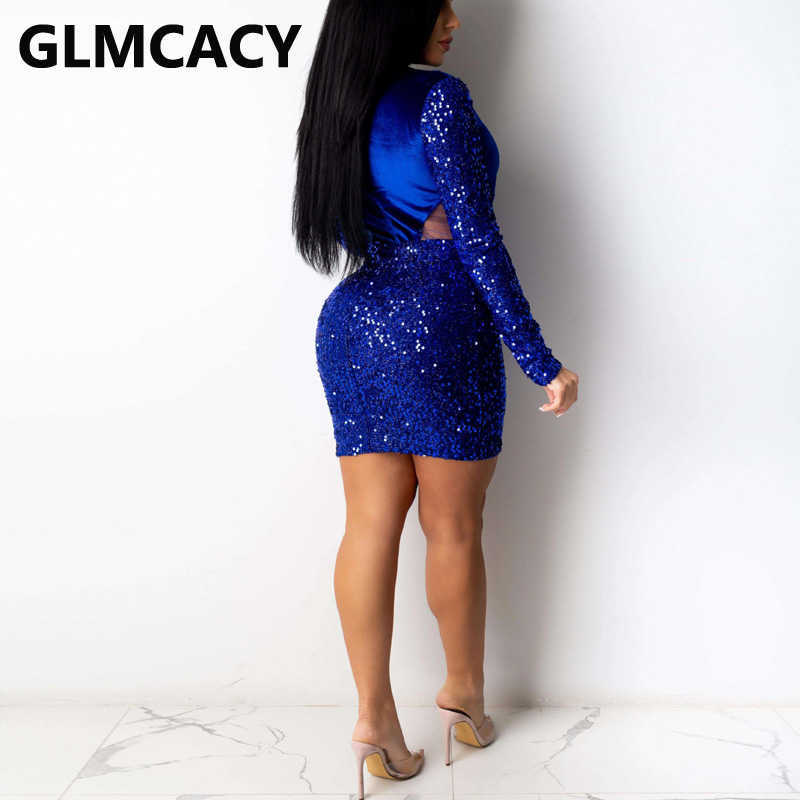 Women Long Sleeve Mesh Insert Dress Velvet & Sequin Patchwork Bodycon Dresses 210702