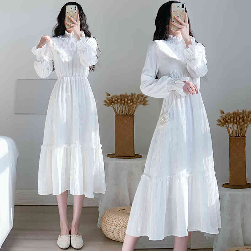 Spring Summer Elegant Women Dresses Flare Sleeve Turtleneck Elastic Waist Party White Dress Mujer Vestidos Drop 210514