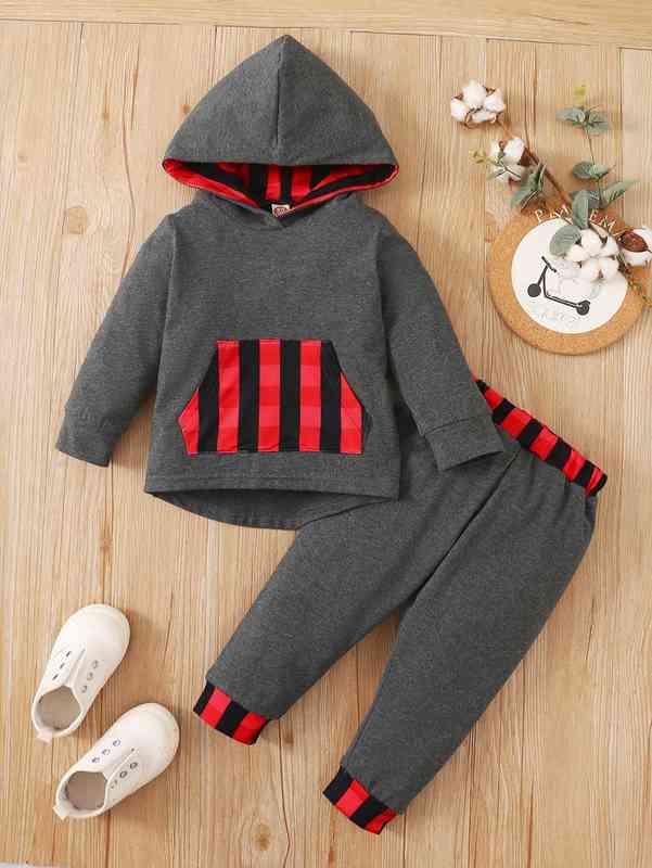 Baby Contrast Plaid Kangaroo Pocket High Low Hem Hoodie & Sweatpants SHE