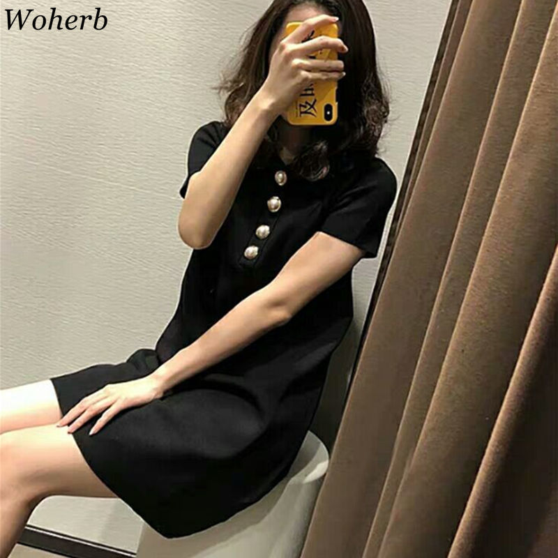 Knitted Single-breasted Shirt Vestidos Short Sleeve Summer Stretch Sexy Woman Dresses Office Lady Vintage Femme Robe 210519