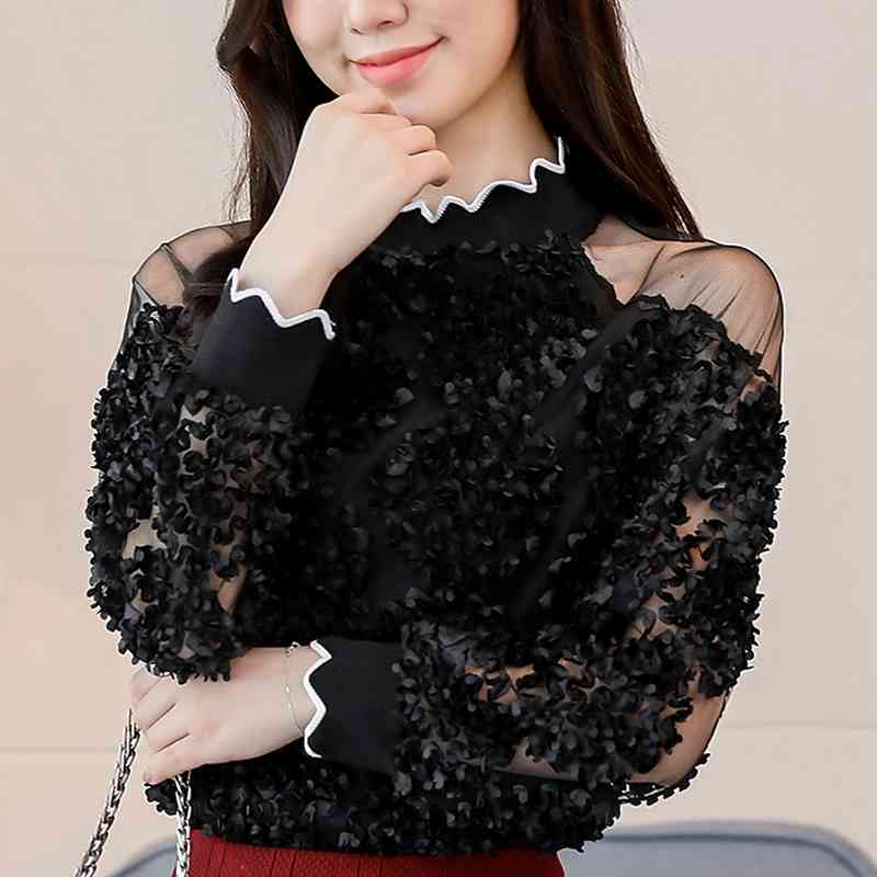 Coffee Rose Sexy Mesh Women Top Spring Blouses Shirts Ruffle Long Sleeve Cold Shoulder Tops Causal Pleated Blusas 907G 210323