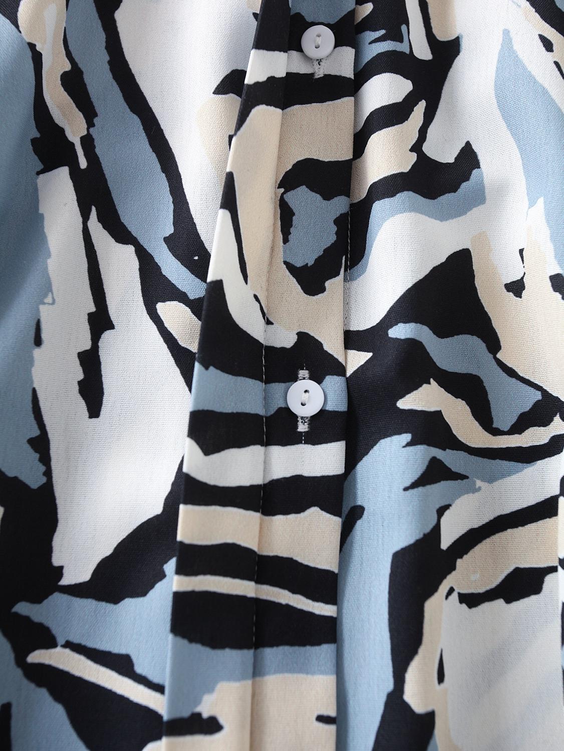 Spring Summer Lapel Swirl Geometric Print Midi Shirt Dress Elegant Women Center Buttons Hem Asymmetry Vestido 210429