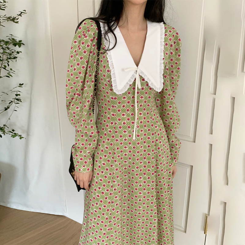 Korean Sweet Peter Pan Collar Vestidos Chic Lantern Sleeve Fashion Women Dresses Spring Print Slim Waist Femme Robe 210519