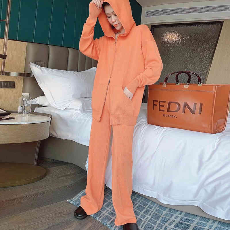 Fashion Solid Knitted 2-Piece Suits Women Double Dlider Zipper Hooded Cardigan Basic Straight Leg Trousers Spring Sets 210522