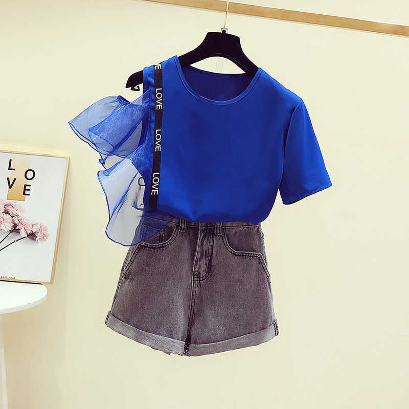 Korean Style Women T Shirts Letter Mesh Ruffled Off Shoulder Short-sleeved T-shirt Female Casual Summer Tops 210615Z