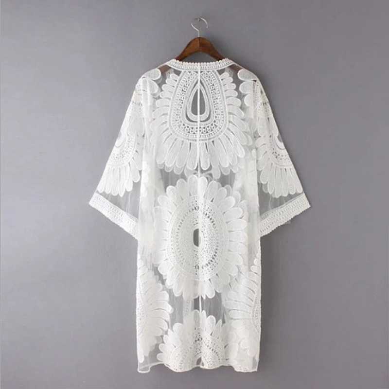 Sexy Swimsuit Cover Up Lace Beach Wear Bathrobe Coverups Swimwear Embroidery Robes for Women Floral See Through Sleepwear X0726