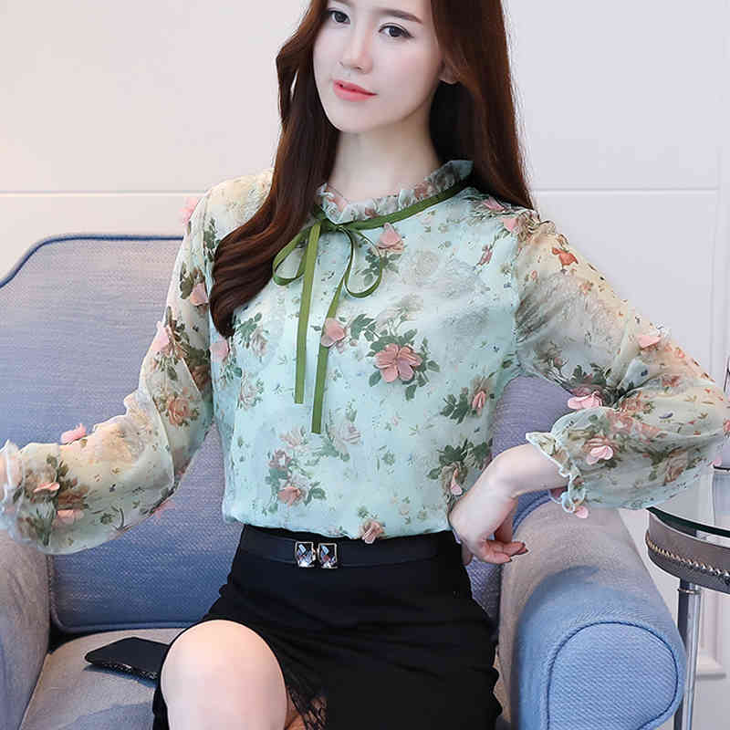 New Women Blouse Shirt Fashion Long Sleeve Sweet Print Women's Clothing Applique Ruffled Neck Feminine Tops Blusas D470 30 210323