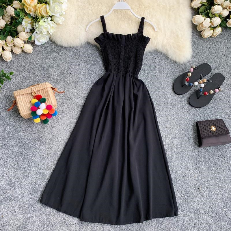 Chic Korean Solid Women Dress Sleeveless Summer A-line Chiffon Long Dresses Beach Style Button Vestidos 210521