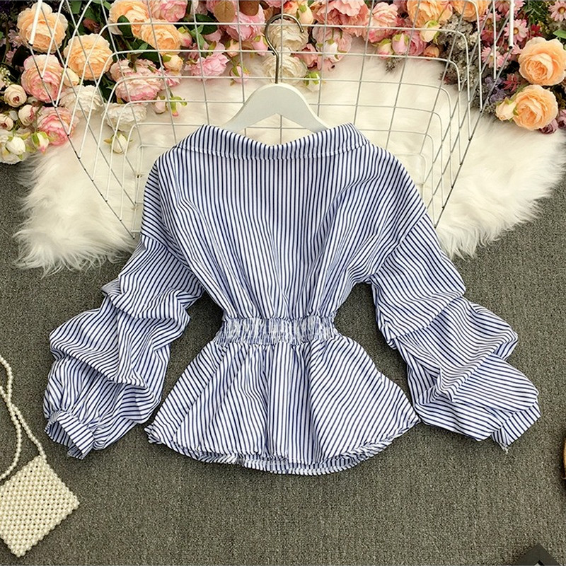 Kimutomo Chic Vintage Striped Blouse Women Hong Kong Style Long Sleeve Slim Waist Single Breasted Shirt Female Summer Fashion 210521