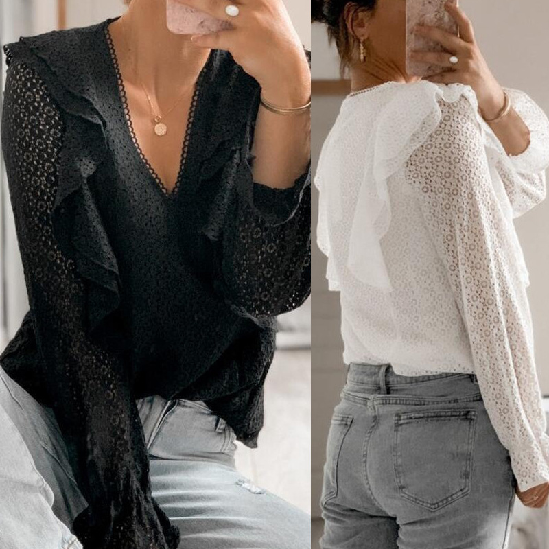 Summer Women White Black Blouse V neck Lace Shirts Long Sleeve Sexy Hollow Out Tops Casual Loose Solid Office Blouses 210515