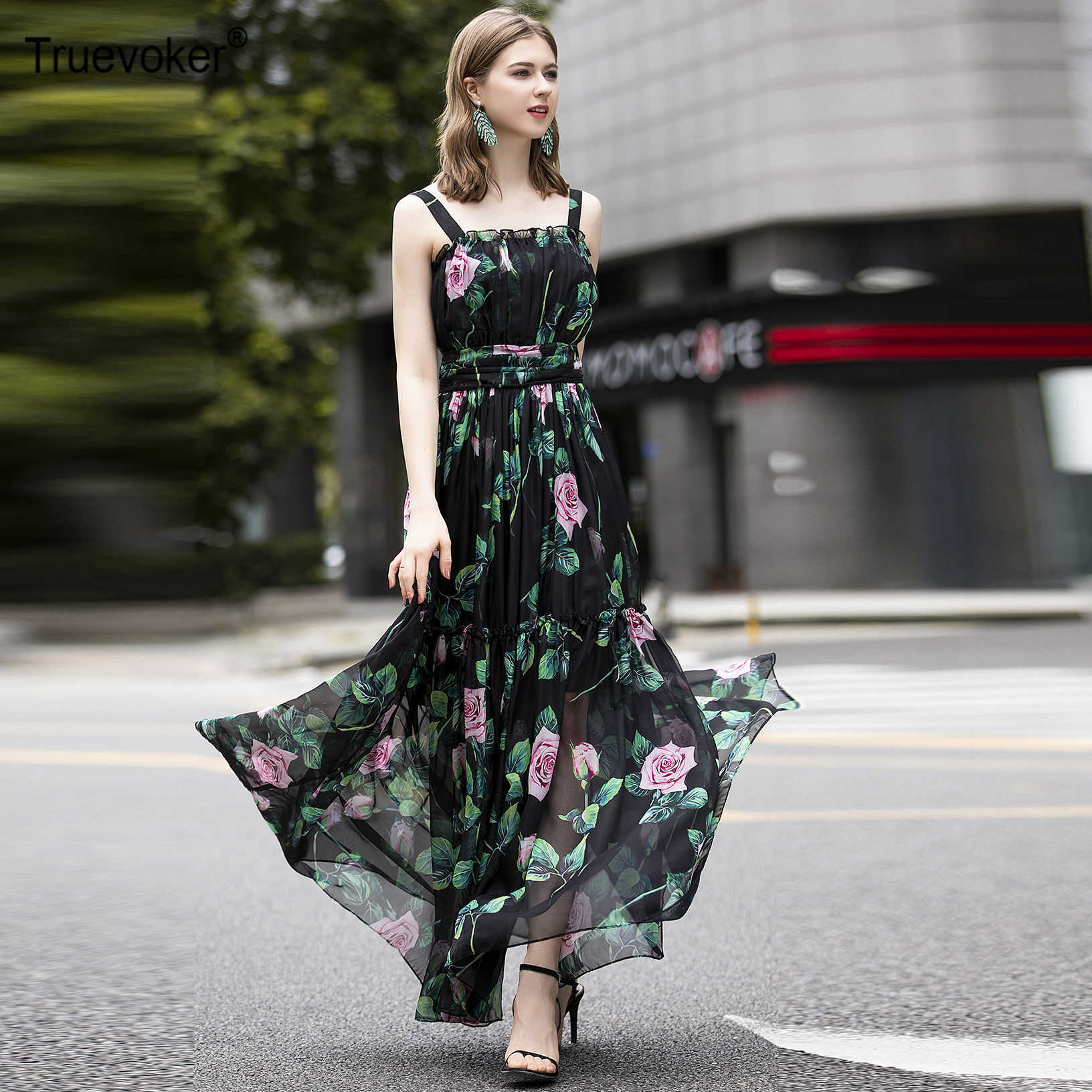 Truevoker European Designer Resort Dresse' High Fashion Rose Floral Printed Black Ankle Length Spaghetti Strap Vestidos 210602, Blue
Truevoker European Designer Resort Dresse' High Fashion Rose Floral Printed Black Ankle Length Spaghetti Strap Vestidos 210602, Blue