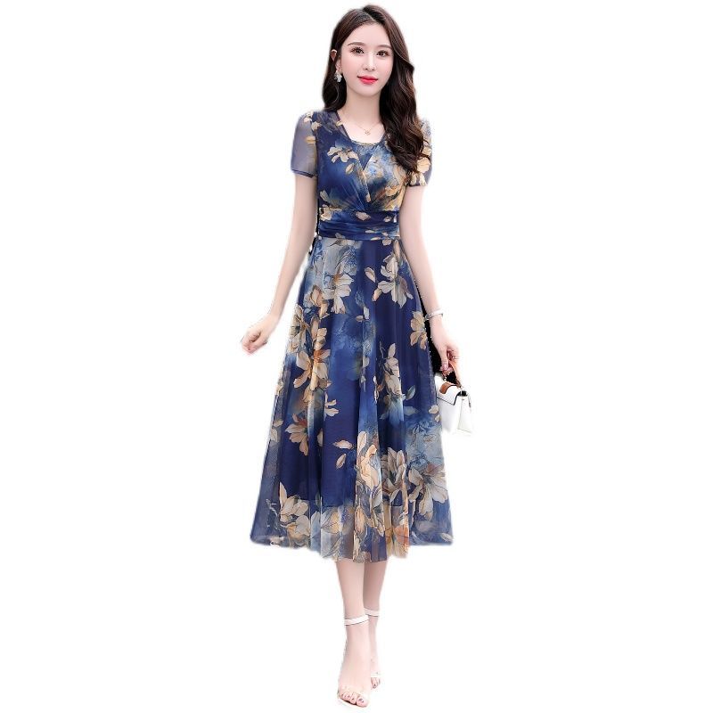 Muyoms Summer 4 Colors Elegant Dress Printed Short Sleeve Zipper Waistband V-neck Mother Chiffon Party Dresses Cocktail Dresses