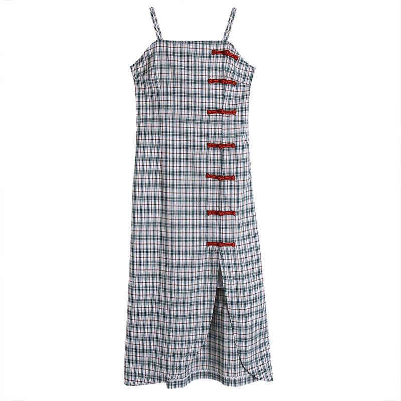 Plaid Vintage Dress Summer Cheongsam Frog Knee Legnth Ladies Spaghetti Strap For Women Split 210427