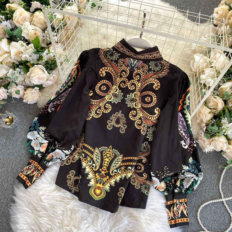 Court Women's Fashion Ancient Printing Long Sleeve Shirt Ladies' Autumn Elegant Blusas Mujer De Moda Blouse Tops P567 210527