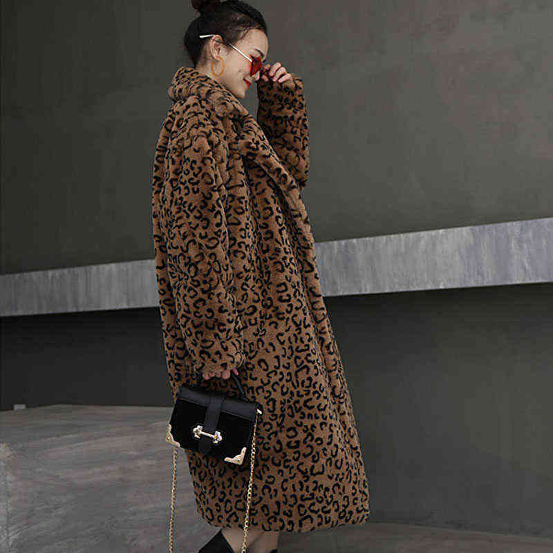 Winter Thick Warm Leopard Long Teddy Fur Coat Women Outerwear High Quality Loose Suit Collar Faux Rabbit Fur Jacket Female 211123