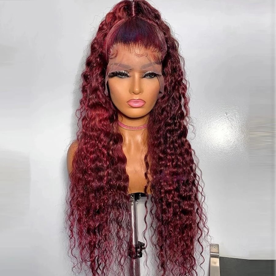 Curly Human Hair Wigs Wine Red Brazilian Remy Deep Wave Full Lace Front Synthetic Wig 180% Pre Plucked
