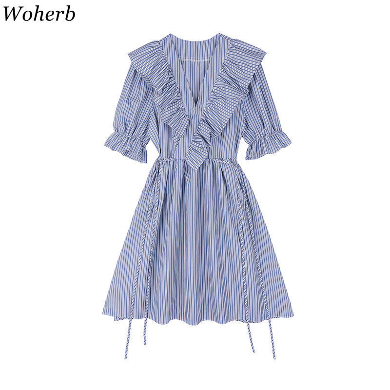 Vintage Elegant Striped Print Bandage Dress Summer V-neck Ruffle Patch Dresses Short Sleeve Mini Robe Vestidos 210519