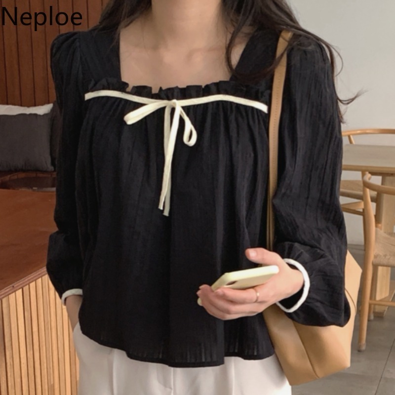 Neploe Tops Female Square Neck Blouse Women Spring Ruffles Jacquard Blouse Elegant White Blusas Sleeve Long-sleeve Shirt 4h742 210422