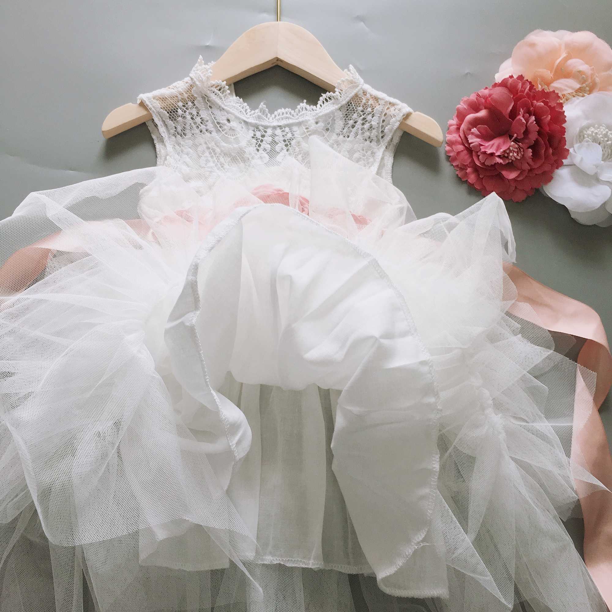 Little Girl Vintage Dress for Kids Lace Flower with Sashes Elegant Girls 3 Layers Tutu Party Gown Clothing 210529