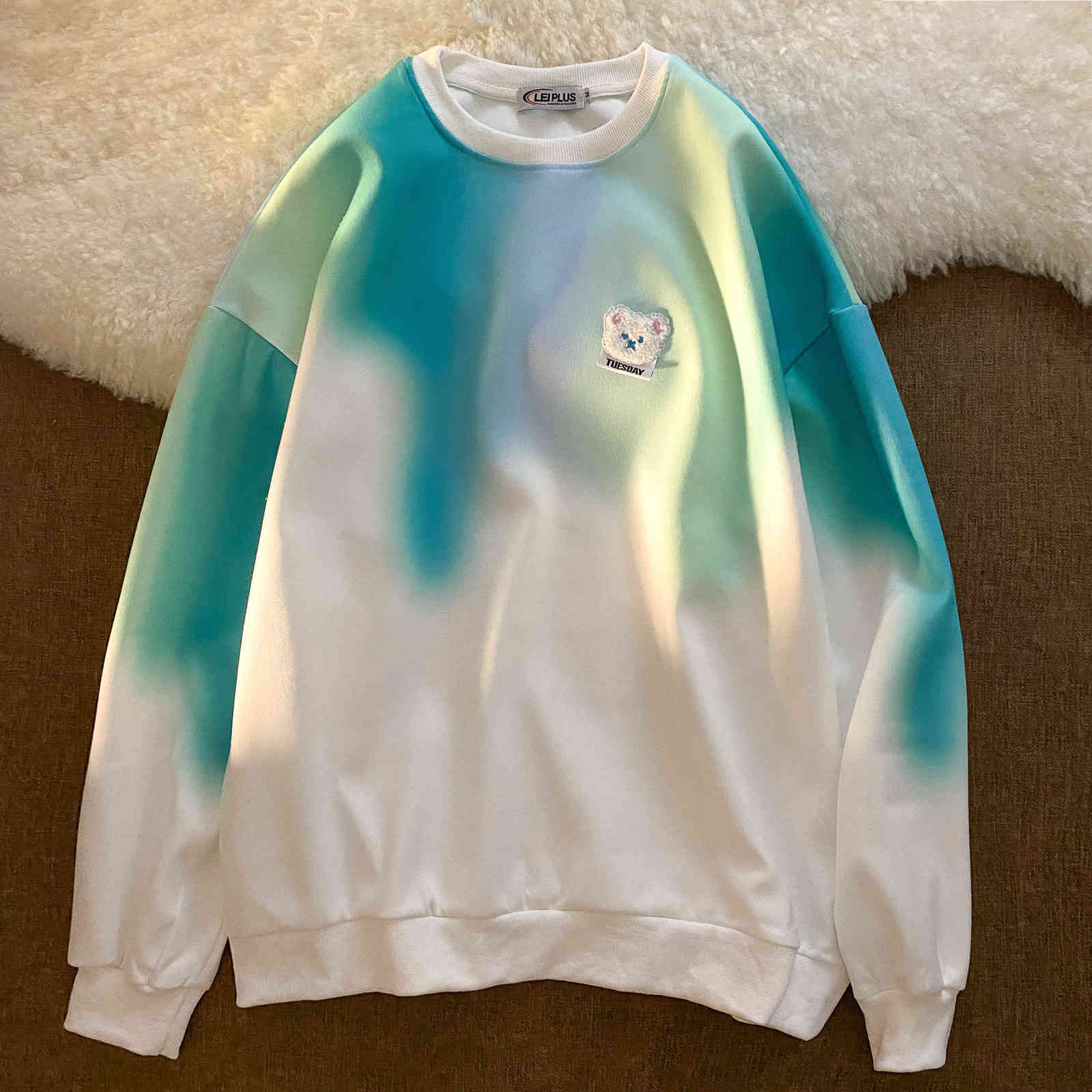 Chic Tie Dye White Sweatshirt Women Bear Head Embroidery Korean Fashion Tops Autumn Long Sleeve Plus Size Teens Clothes 211109