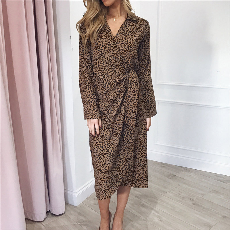 Vintage Leopard Wrap Dress Long Sleeve Spring Summer es Casual Sexy V-Neck Elegant Party Vestidos De Fiesta 210508