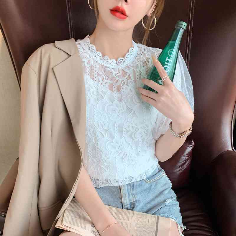 High Street Lace Blouse Women Tops Spring Summer Casual Short Sleeve Hollow Out Korean Clothes Fashion White Tops 210515