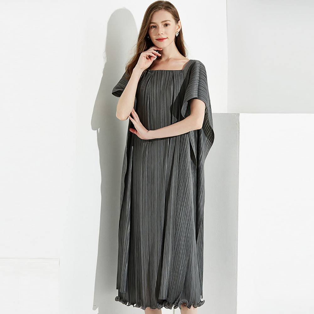 VKBN Summer Dress Women Casual Square Collar Ruched Fabric Pullover Short Sleeve Party Elegant Maxi Dress Fashion 210507