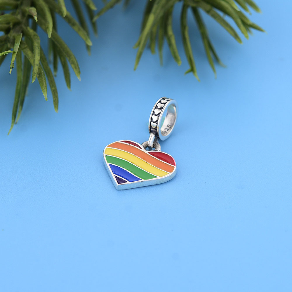 925 Sterling Silver LGBT Rainbow Love Heart Dangle Charm Beads Fit Original PAN Bracelet For Women Making Jewelry