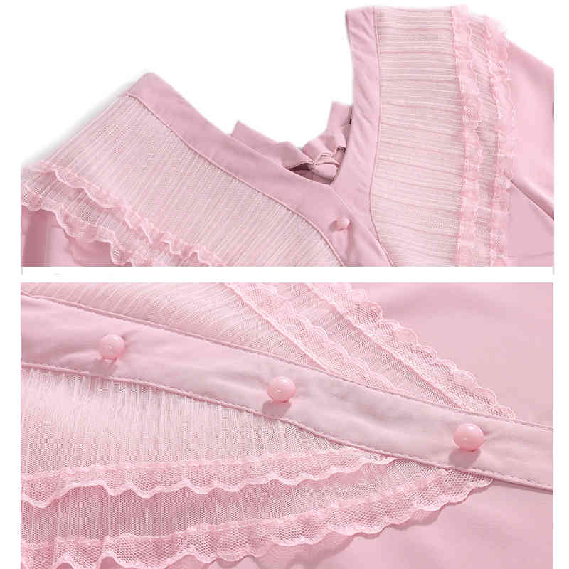 Vintage Lace Shirt Solid Loose Slim V-neck Top Female Short Sleeve Chiffon Blouse Ropa De Mujer Summer Woman's 9855 210506