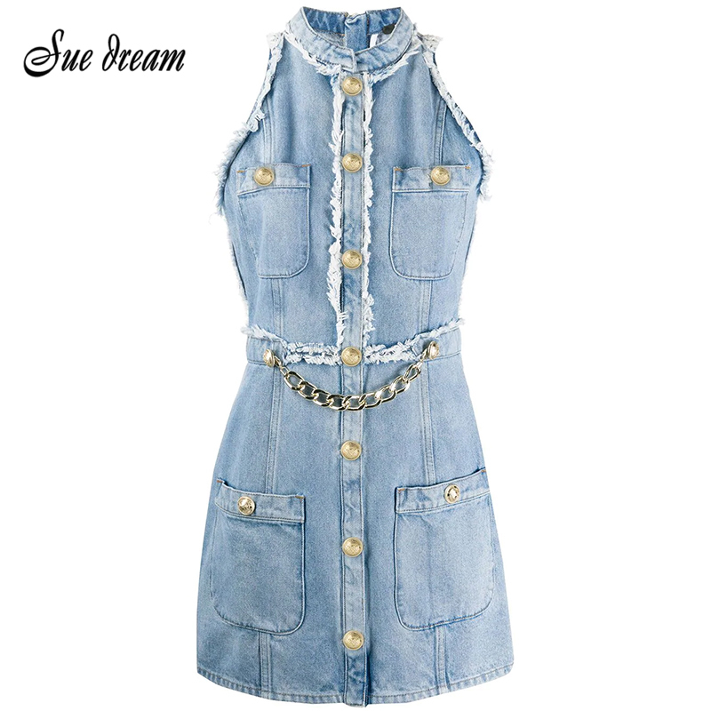 Summer Women Designer Sexy Sleeveless Tassel Metal Chain Pocket Lion Button Denim Dress Fashion Club Party Vestidos 210519, Blue
Summer Women Designer Sexy Sleeveless Tassel Metal Chain Pocket Lion Button Denim Dress Fashion Club Party Vestidos 210519, Blue