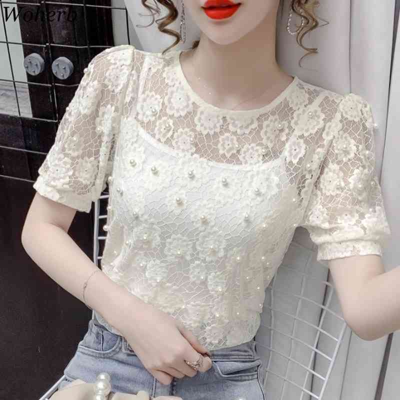 Blusas Mujer Chic Heavy Lace Beading Blouses Women Summer Shirts Temperament Slim Blouse Korean White Tops 95313 210519