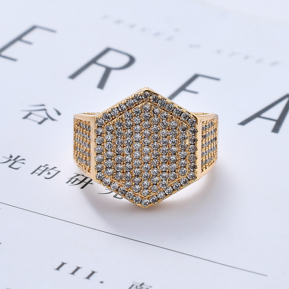 Fashion Micro Paved CZ Zircon Hexagon Finger Ring Iced Out Bling Punk Rock Cubic Zirconia Rings Jewelry 18K Real White Gold Mens Hip Hop Engagement Gi