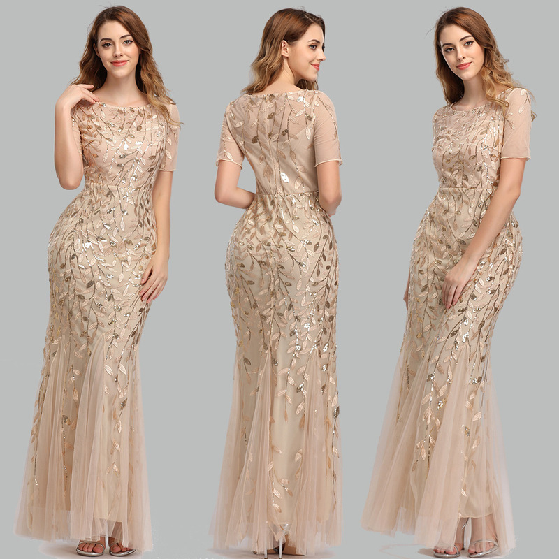 Plus size evening gown mermaid O-neck short-sleeved lace applique tulle long party robe party sexy dress, Gold
Plus size evening gown mermaid O-neck short-sleeved lace applique tulle long party robe party sexy dress, Gold