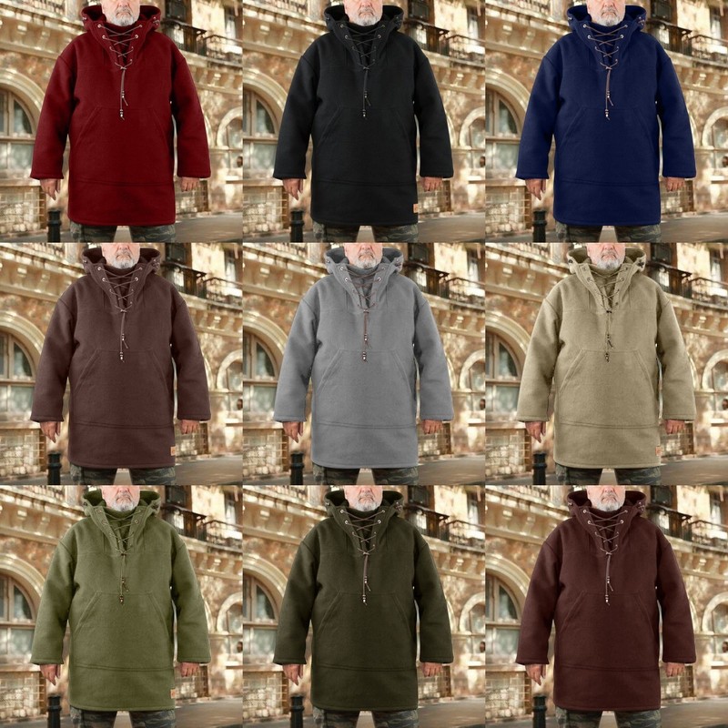 Men's Fashion Autumn Winter Warm Wool Hoodie Pullover Viking Lace Up Thicken Anorak Medieval Coats Cosplay Costume Vikings 220211