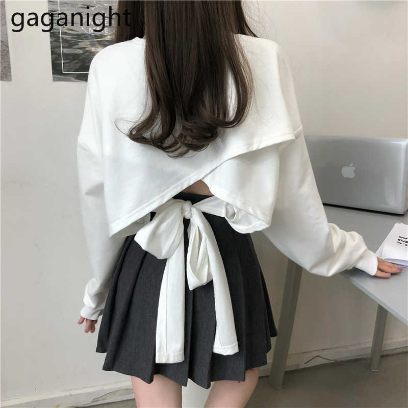 Gaganight Fashion Women Back Bow Jumper Sweet Lady Long Sleeve Hoodies Chic Korean Girls Sweatershirt Solid Crop Jumpers 210729