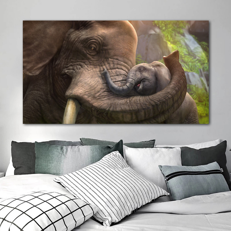 Elephant Mother And Sun Poster Canvas Painting Wall Art Pictures For Living Room Animal Prints Home Decor Indoor Decorations