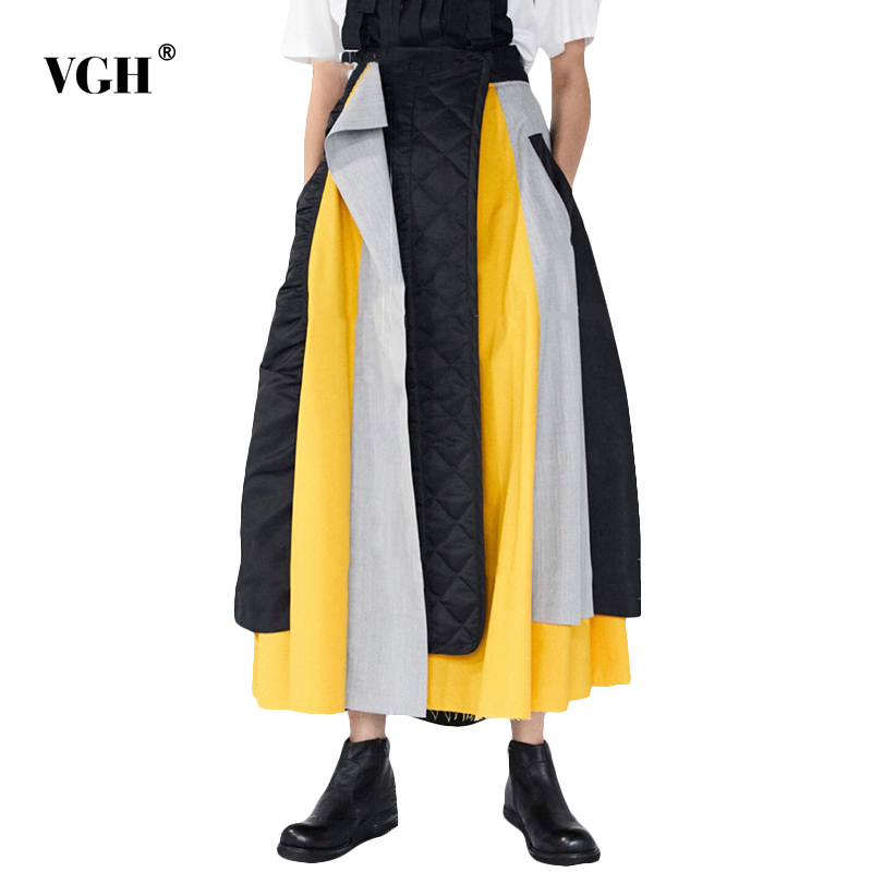VGH Patchwork Hit Color Skirt For Women High Waist Asymmetrical Loose Large Size Streetwear Skirts Female Fashion New Style 210421